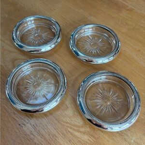 1960s Signed Leonard Silver plate Italian Crystal Glass Coaster Set Of 4